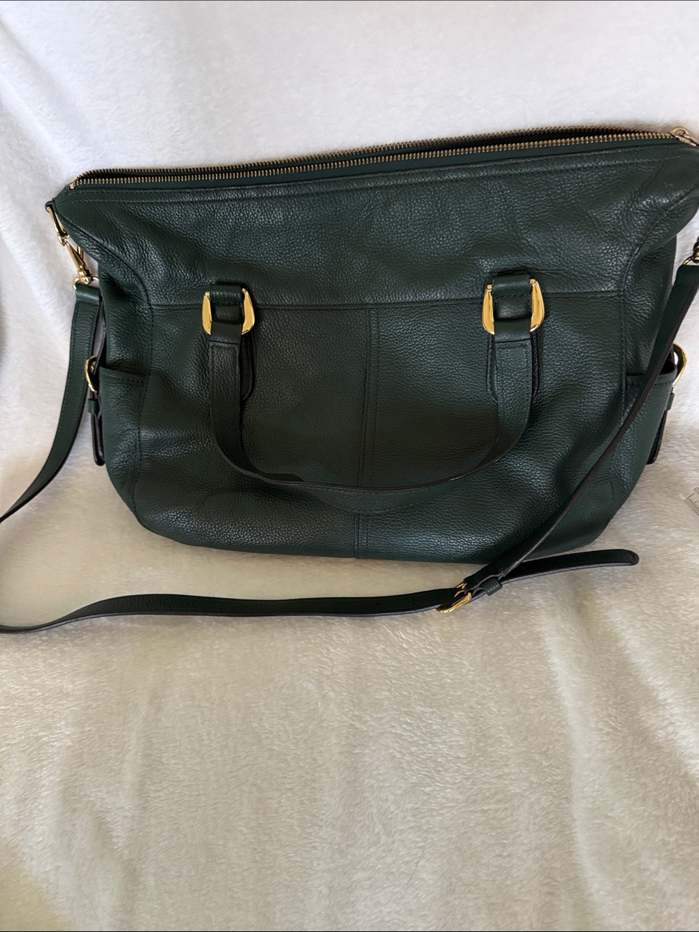 Ralph Lauren Dark Green Leather Shoulder Tote with Gold Hardware